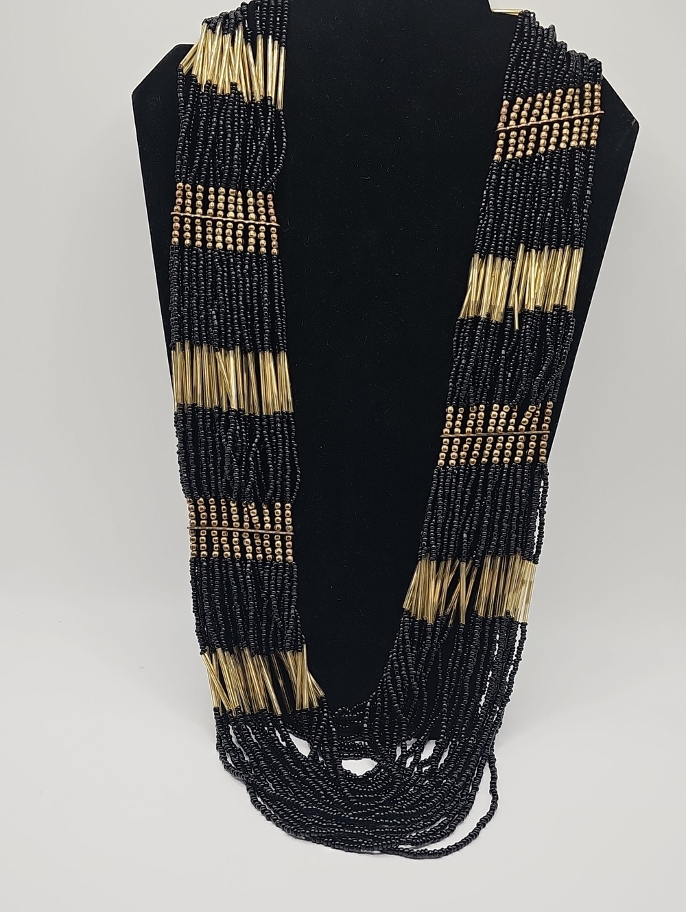 Black and Gold Multi-Strand Seed Tribal, Bold Beaded Necklace -